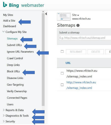 Voci di menu di Bing Webmaster Tools
