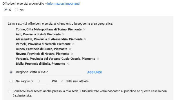 Registrazione a Google My Business: ``Offro beni e servizi a domicilio`` scelta ``Si``