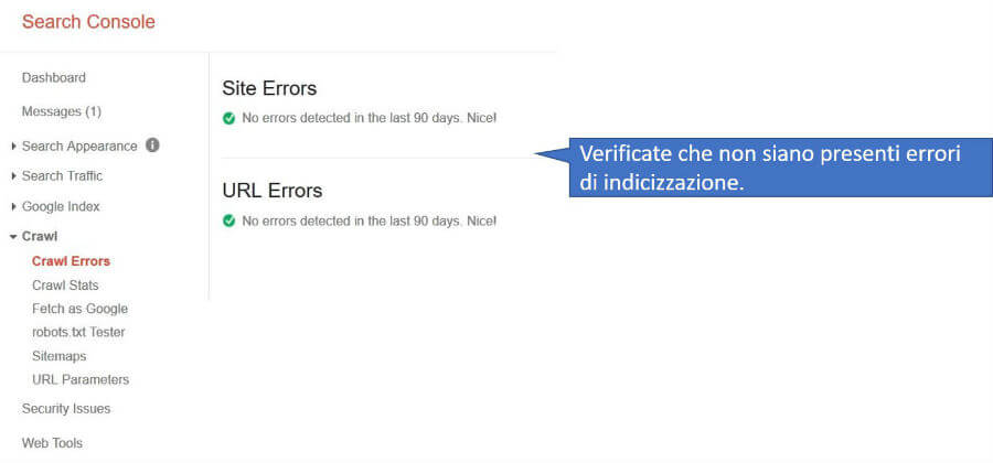 Pannello per la visualizzazione degli errori di indicizzazione