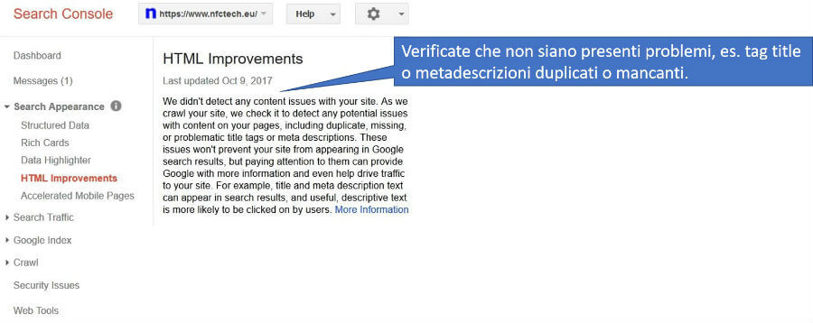 Pannello per la visualizzazione di problemi quali tag title o metadescrizioni duplicati o mancanti