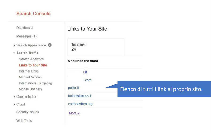 Pannello per la visualizzazione dell'elenco dei siti web che contengono link al nostro sito