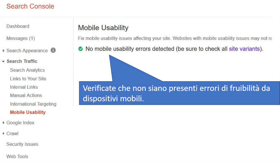 Pannello per la visualizzazione dei problemi di fruibilità su dispositivi mobili