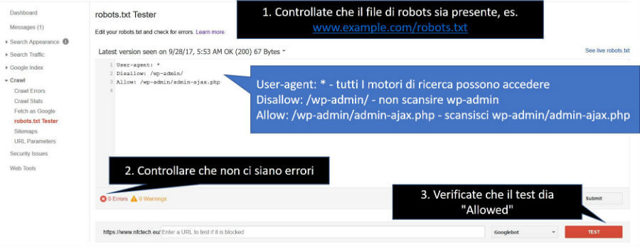 Pannello per la visualizzazione e il test del file robots.txt